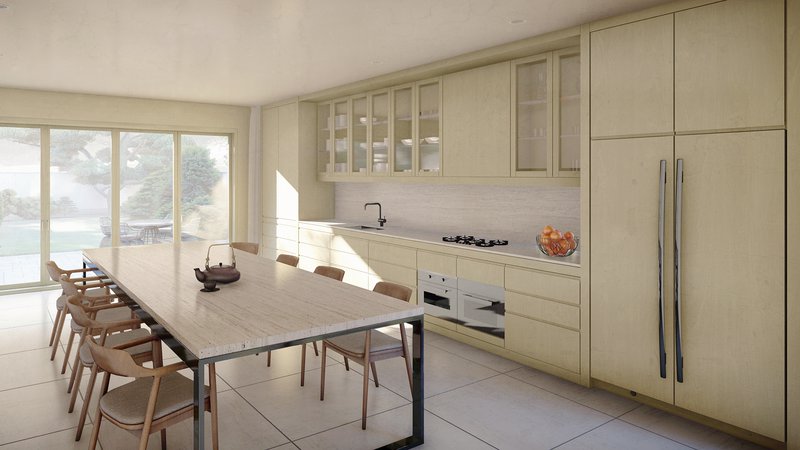 Small Modern Kitchen with full-width doors and adjacent dining.